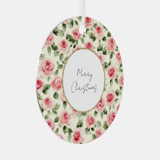  roze rozen kerst metalen ornament (Voorkant Rechts)