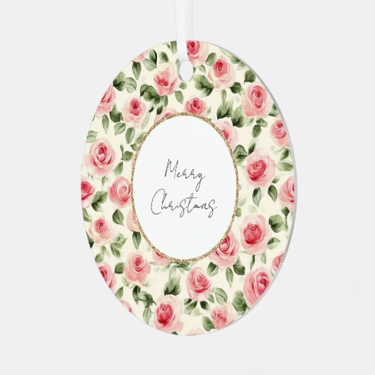  roze rozen kerst metalen ornament (Voorkant links)