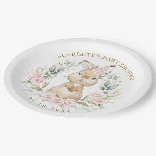 Roze Rozen Konijntje Paaskonijn Meisje Baby shower Papieren Bordje (Gekanteld)