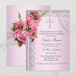Roze Rozen Kruis Heilige Communie of Doop Kaart