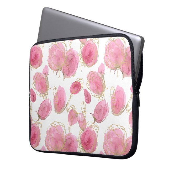 Roze rozen laptop sleeve (Voorkant Links)