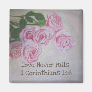 Roze rozen liefde mislukt nooit 1 Corinthians 13:8 Magneet