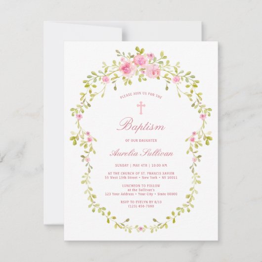 Roze Rozen Lijst doop Kaart (Voorkant)