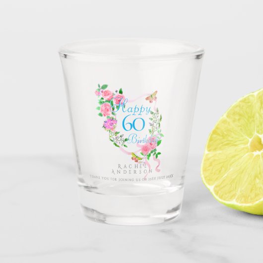 Roze Rozen Lint 60e Verjaardag Shot Glas (Voorkant)