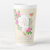 Roze Rozen Lint Chic Monogram Beige Latte Mok (Voorkant)