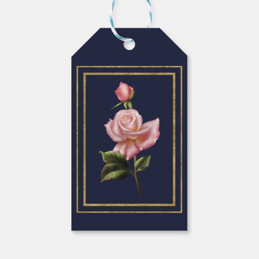 Roze Rozen Marine Blauw & Goud Modern Elegant Favo Cadeaulabel (Achterkant)