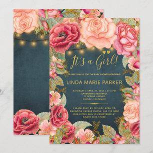 Roze rozen marine goud lichtjes baby girl shower kaart