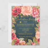 Roze rozen marine gouden lichten afstudeerfeest kaart (Voorkant)