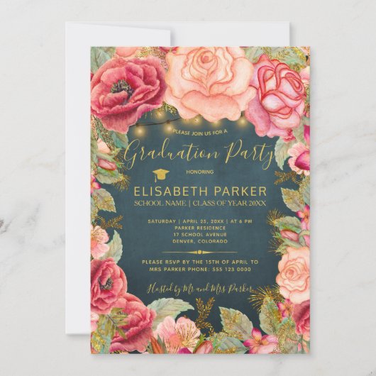 Roze rozen marine gouden lichten afstudeerfeest kaart (Voorkant)