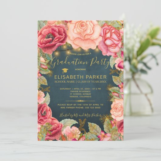 Roze rozen marine gouden lichten afstudeerfeest kaart (Staand voorkant)