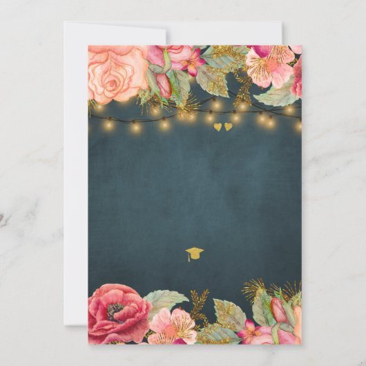 Roze rozen marine gouden lichten afstudeerfeest kaart (Achterkant)
