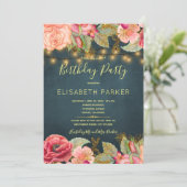 Roze rozen marine gouden lichten verjaardagsfeestj kaart (Staand voorkant)