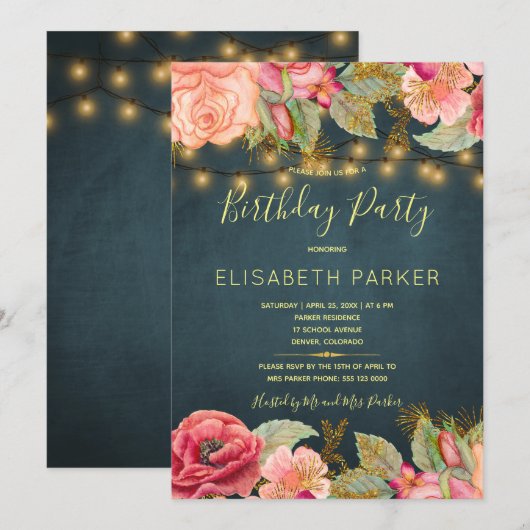 Roze rozen marine gouden lichten verjaardagsfeestj kaart (Voorkant / Achterkant)