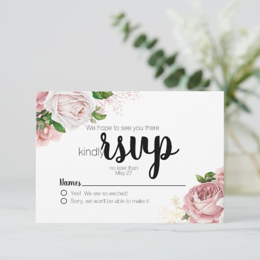  roze Rozen marineblauw huwelijk RSVP (Staand voorkant)