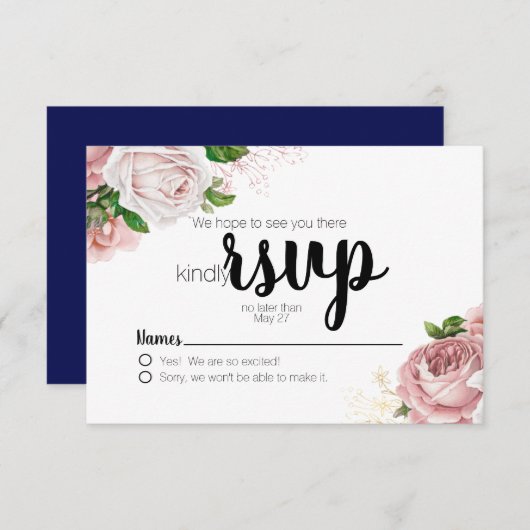  roze Rozen marineblauw huwelijk RSVP (Voorkant / Achterkant)