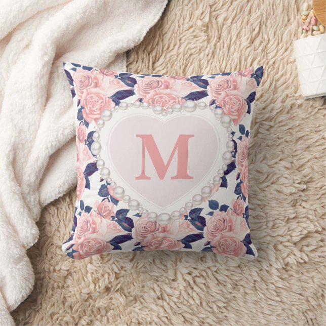 Roze rozen marineblauwe bloem parel hart monogram  kussen (Deken)