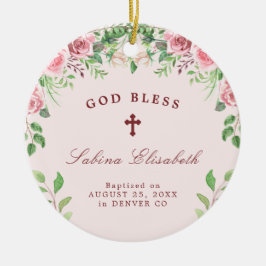 Roze rozen meisje baptisme foto gepersonaliseerd keramisch ornament