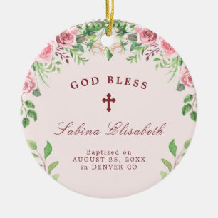 Roze rozen meisje doop foto gepersonaliseerd keramisch ornament