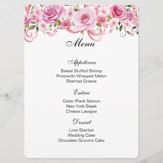 Roze Rozen Menu Kaart (Voorkant)