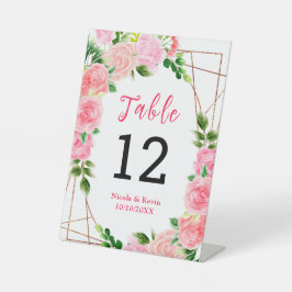 Roze rozen met blad bruiloft tafelnummer reclamebord met voetstuk