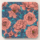 Roze rozen met blauwe bladeren op blauw bier onderzetter (Voorkant)