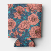 Roze rozen met blauwe bladeren op blauw blikjeskoeler (Voorkant)