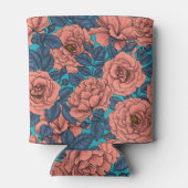 Roze rozen met blauwe bladeren op blauw blikjeskoeler (Achterkant)