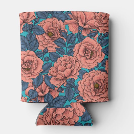Roze rozen met blauwe bladeren op blauw blikjeskoeler (Achterkant)