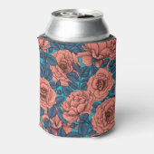 Roze rozen met blauwe bladeren op blauw blikjeskoeler (Blikje Achterkant)