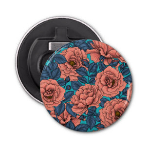 Roze rozen met blauwe bladeren op blauw button flesopener