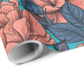 Roze rozen met blauwe bladeren op blauw cadeaupapier (Rol Hoek)