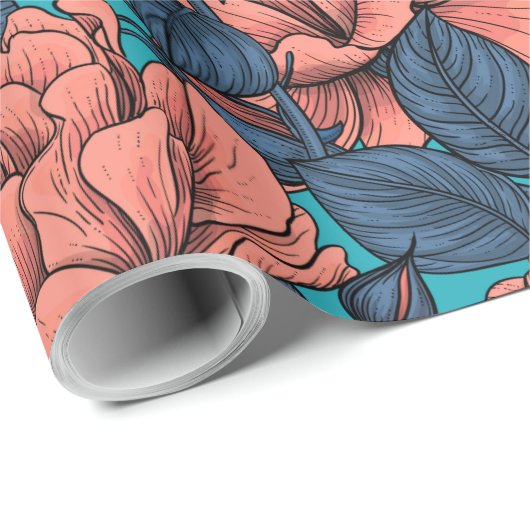 Roze rozen met blauwe bladeren op blauw cadeaupapier (Rol Hoek)