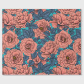 Roze rozen met blauwe bladeren op blauw cadeaupapier (Vlak)