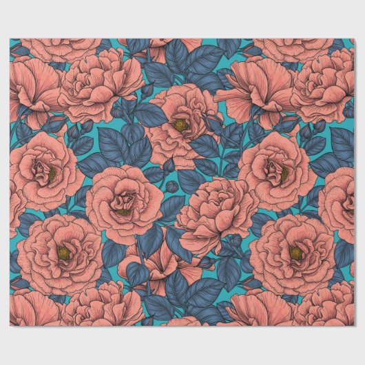 Roze rozen met blauwe bladeren op blauw cadeaupapier (Vlak)
