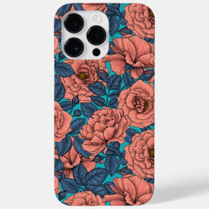 Roze rozen met blauwe bladeren op blauw Case-Mate iPhone 14 pro max hoesje