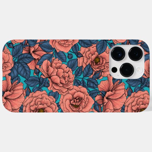 Roze rozen met blauwe bladeren op blauw Case-Mate iPhone case (Achterkant (horizontaal))
