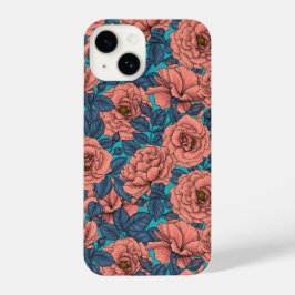 Roze rozen met blauwe bladeren op blauw iPhone 14 hoesje