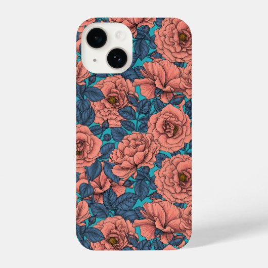 Roze rozen met blauwe bladeren op blauw iPhone hoesje (Achterkant)