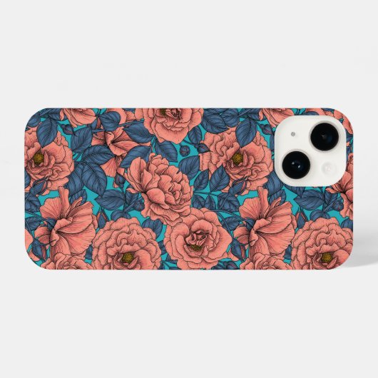 Roze rozen met blauwe bladeren op blauw iPhone hoesje (Achterkant horizontaal)