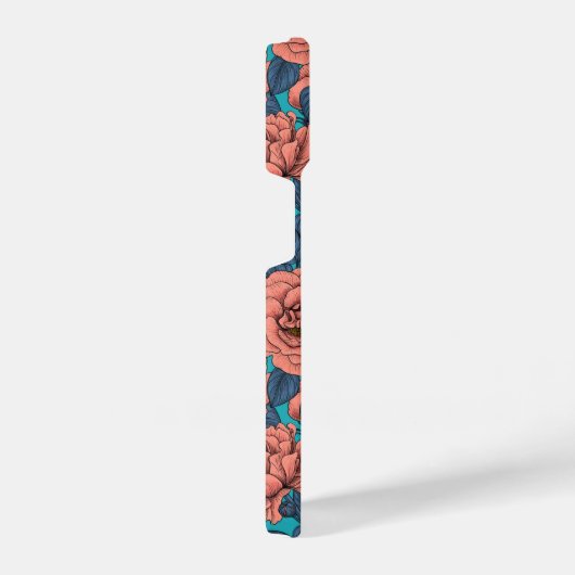 Roze rozen met blauwe bladeren op blauw iPhone hoesje (Rechterkant)