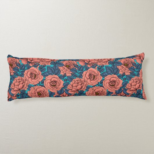 Roze rozen met blauwe bladeren op blauw lichaamskussen (Achterkant)