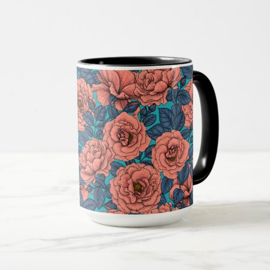 Roze rozen met blauwe bladeren op blauw mok (Voorkant rechts)