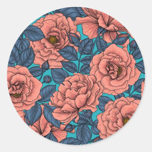 Roze rozen met blauwe bladeren op blauw ronde sticker (Voorkant)