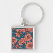 Roze rozen met blauwe bladeren op blauw sleutelhanger (Voorkant)