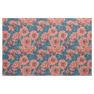 Roze rozen met blauwe bladeren op blauw stof