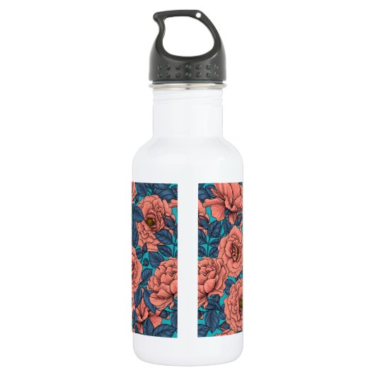 Roze rozen met blauwe bladeren op blauw waterfles (Achterkant)