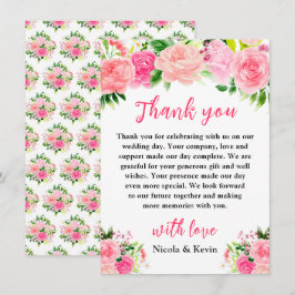 Roze rozen met gebladerte bruiloft bedankkaart