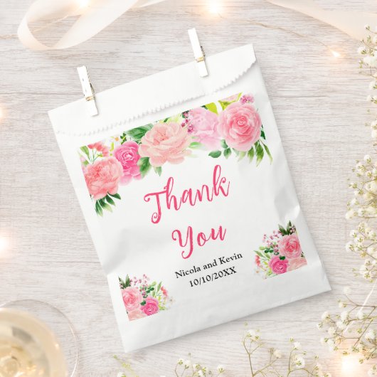 Roze rozen met gebladerte bruiloft bedankzakje (Geknipt)