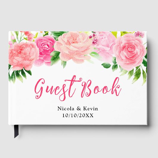 Roze rozen met gebladerte Bruiloft Gastenboek (Voorkant)