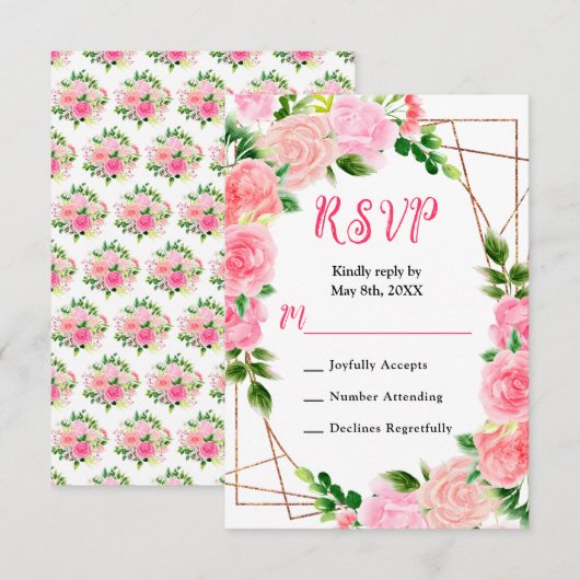 Roze rozen met gebladerte bruiloft RSVP kaartje (Voorkant / Achterkant)